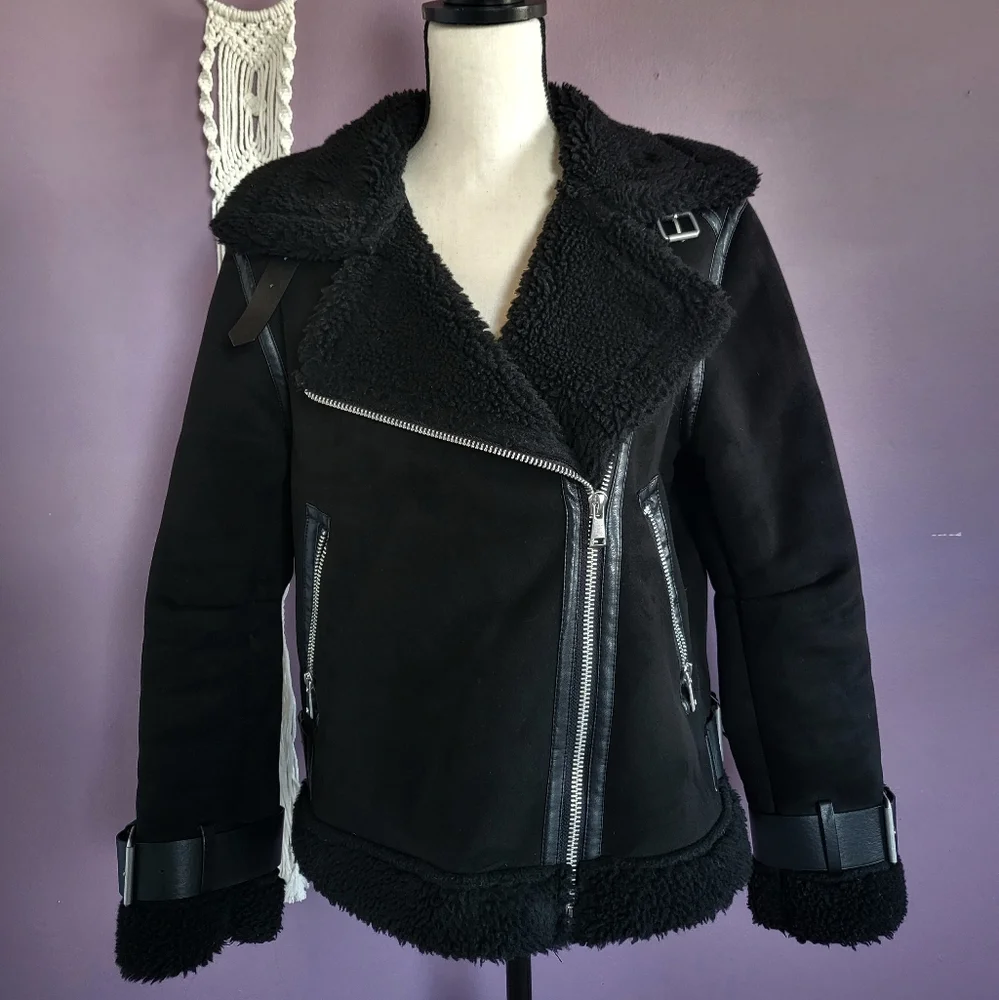Zara Black Faux Suede Sherpa Lined Oversized Buckle Aviator Bomber Jacket Coat - Picture 1 of 14